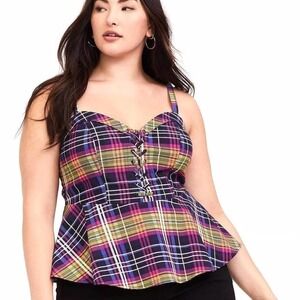Torrid Punk Rainbow Plaid Lace Up Peplum Cami Womens 1